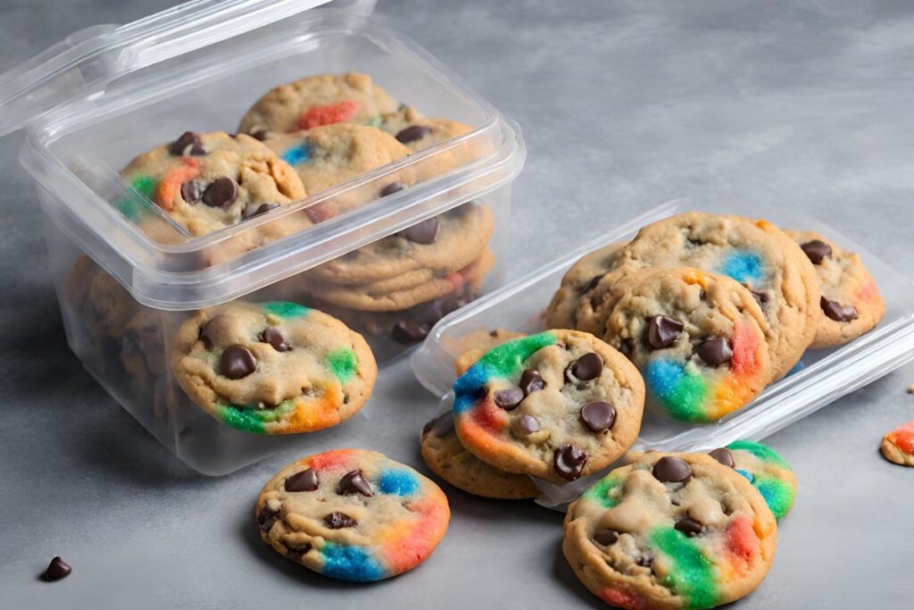 Rainbow Chocolate Chip Cookies in an airtight container and prepared for freezing.