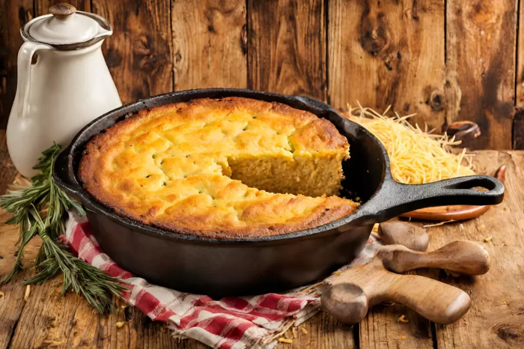 Freshly baked Cowboy Casserole Cornbread in a cast-iron skillet on a wooden table with a western-themed backdrop.