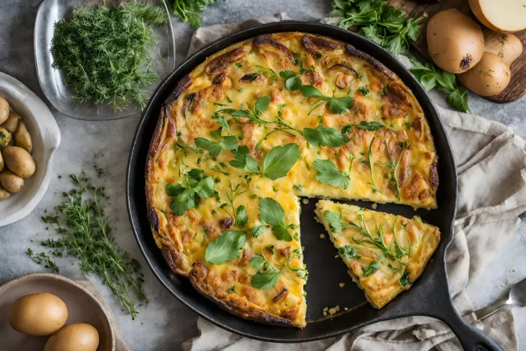 A freshly baked potato frittata on a wooden table, garnished with herbs, with one slice being served.