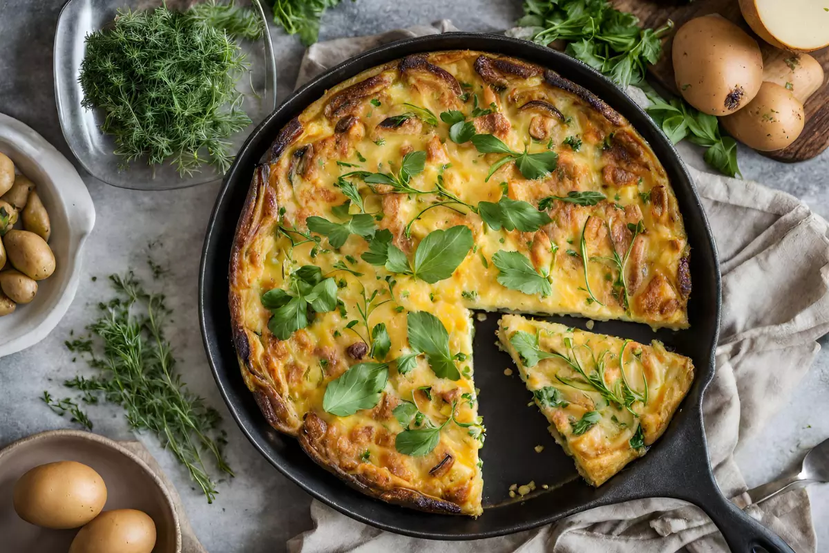 A freshly baked potato frittata on a wooden table, garnished with herbs, with one slice being served.