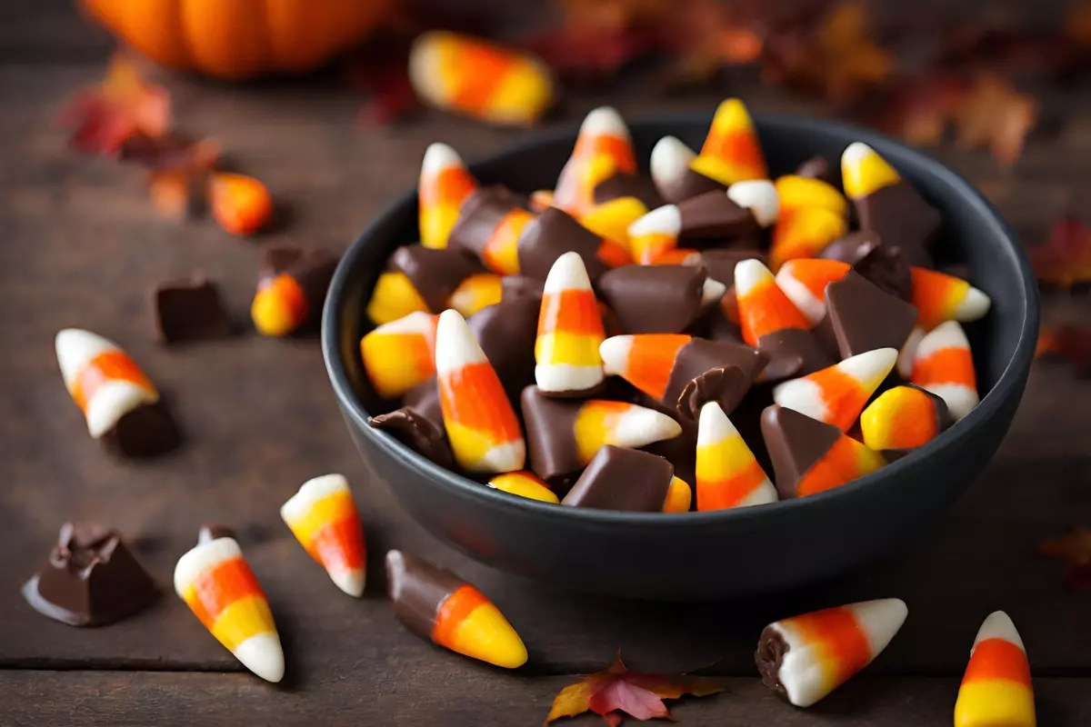 Bowl of chocolate candy corn with autumn leaves and pumpkins on a wooden table, embodying the warmth and charm of the fall season.