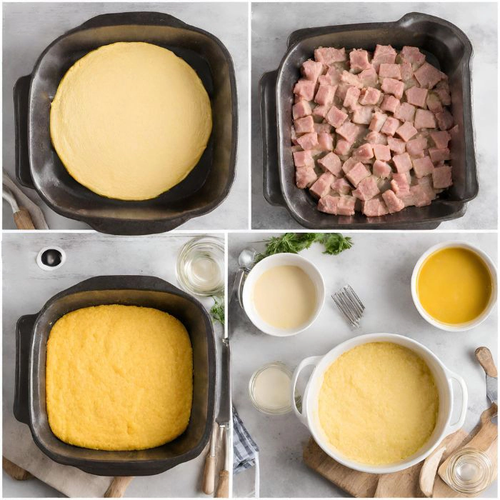 Sequential images showing the preparation of Cowboy Casserole Cornbread, from raw ingredients to ready-to-bake.