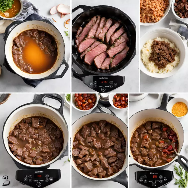 Collage of beef stroganoff preparation steps, from skillet to crockpot.