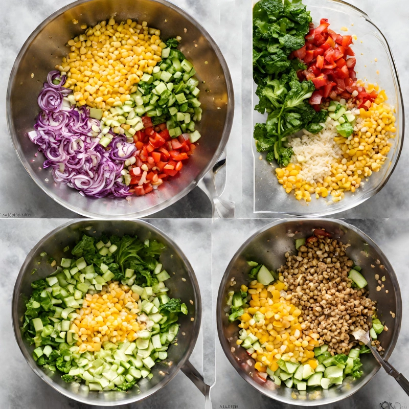 Collage of salad preparation steps, from chopping vegetables to blending the vinaigrette.