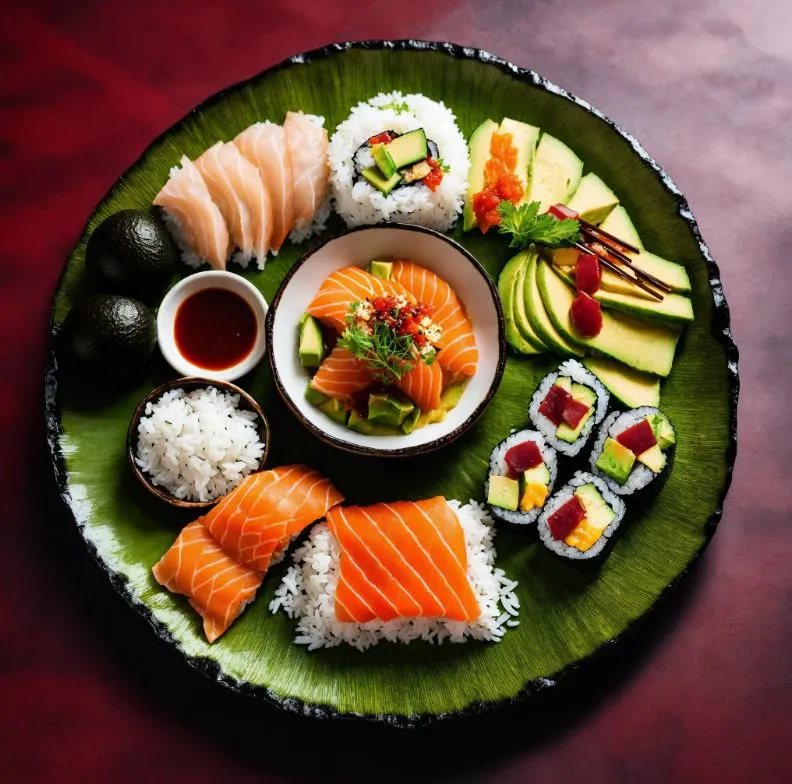 Ingredients for sushi nachos preparation displayed.