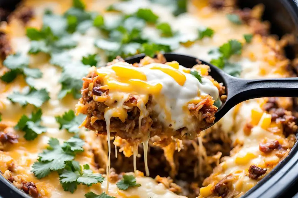 Cheesy Taco Crock Pot Hashbrown Casserole in a Slow Cooker