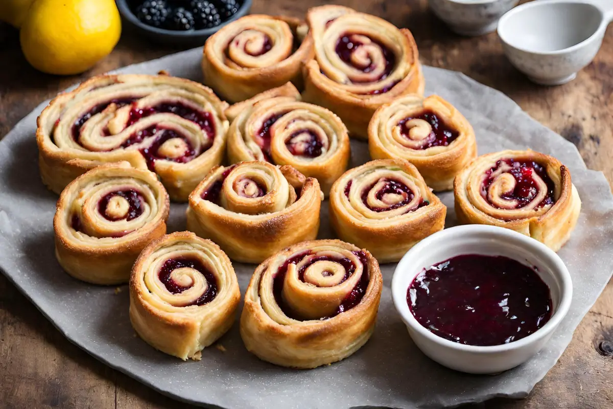 Freshly baked Monte Cristo Pinwheels on a serving plate with jam.