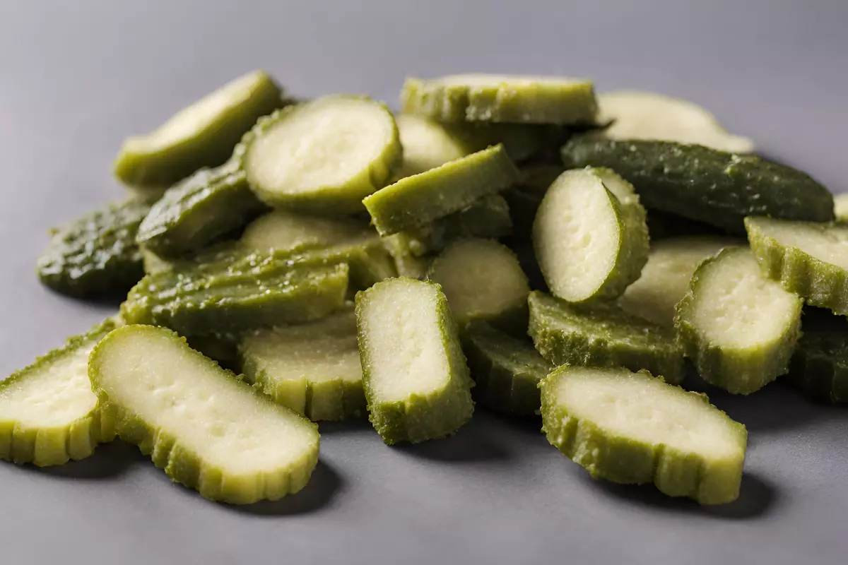 Assorted freeze dried pickles in a modern kitchen setting.