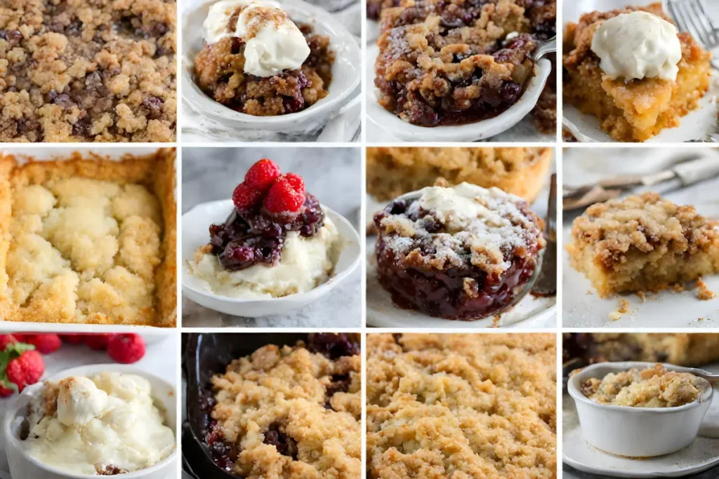 Freshly baked gooey dump cake on a rustic table, highlighting its tempting texture.