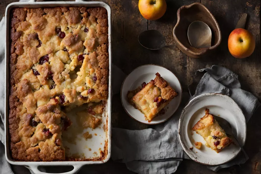 Freshly baked dump cake with golden-brown crust in a rustic kitchen setting.