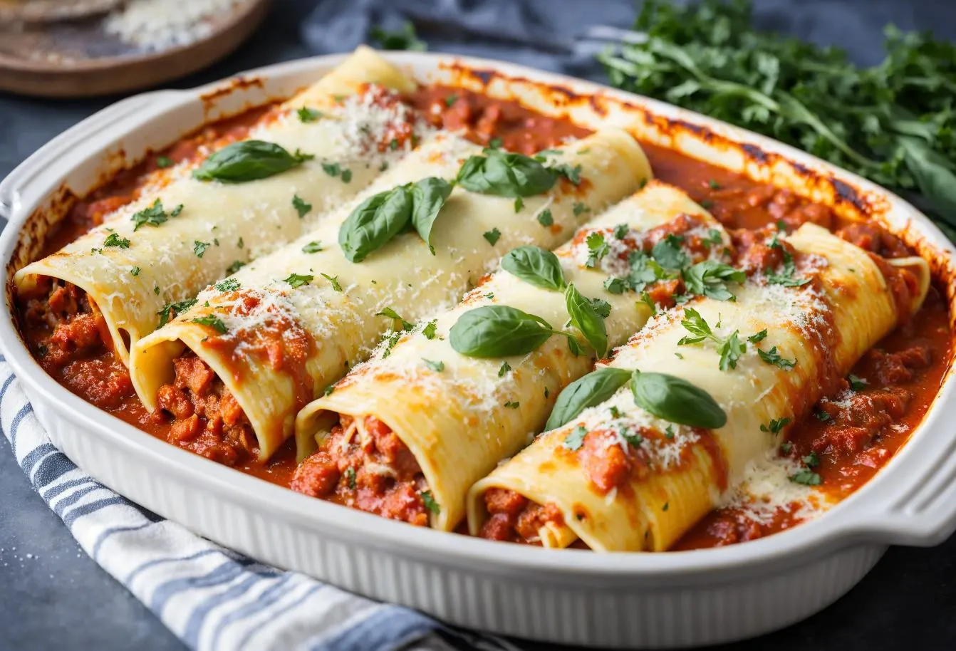 Baked manicotti with alternative fillings of cottage cheese, mascarpone, and vegan cheese on a kitchen counter.