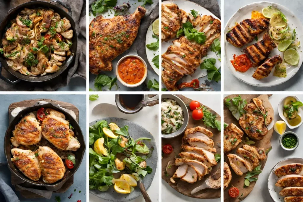 Collage of thin sliced chicken breast dishes including skillet-cooked, oven-baked, grilled, and air-fried preparations.