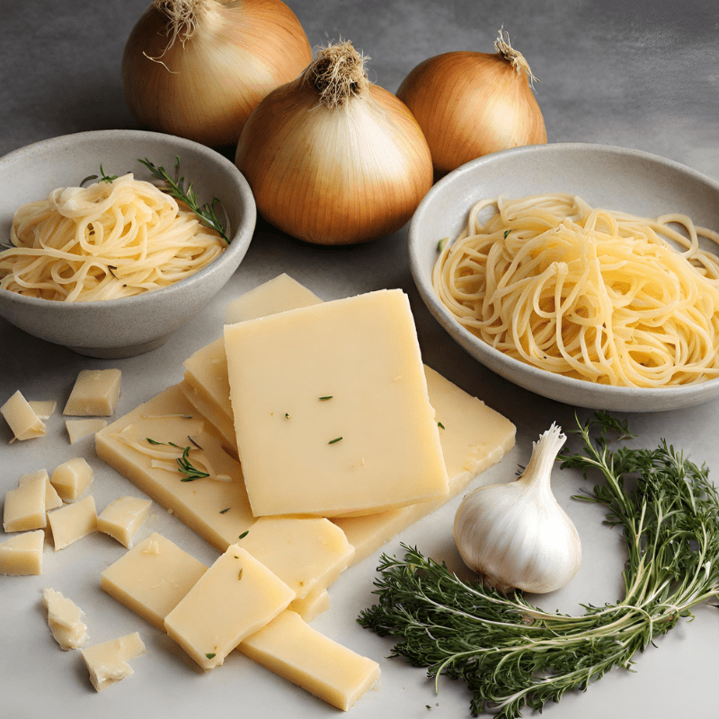 Fresh ingredients for French Onion Pasta: onions, Gruyere cheese, thyme, garlic, and pasta.