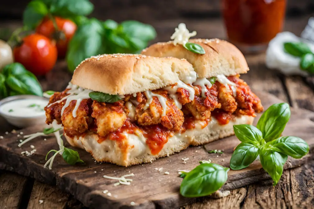 Delicious Chicken Parm Sandwich on a wooden table, garnished with basil.