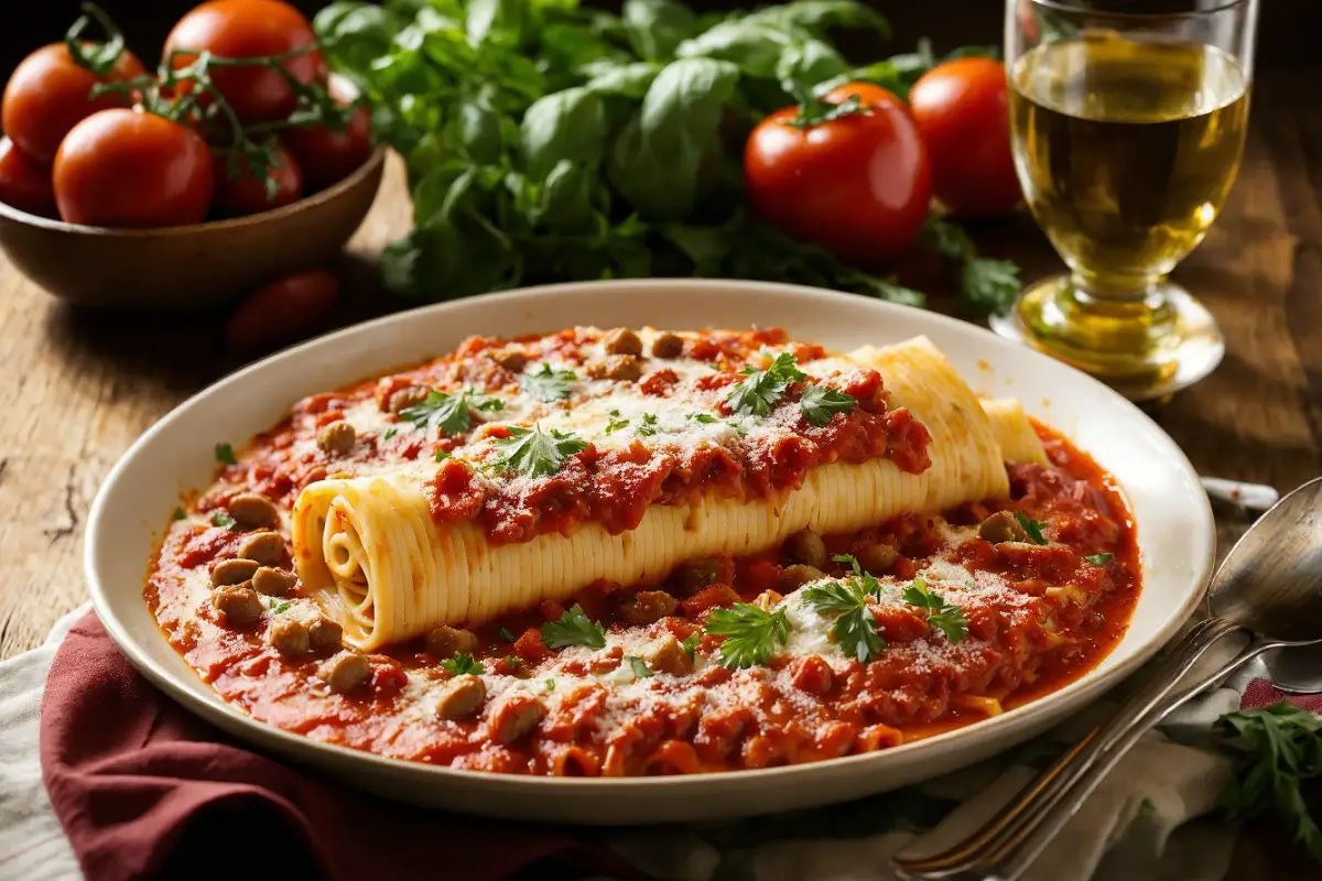 Baked manicotti in a dish on a dining table, garnished with basil, in a cozy kitchen.