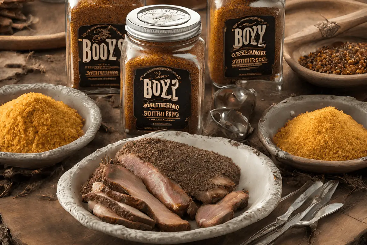 Rustic table setting with Southern Boyz Seasoning and a variety of seasoned dishes, evoking Southern culinary tradition.