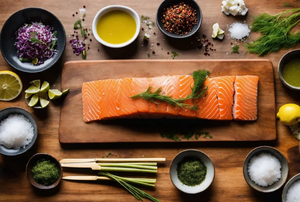 Overhead view of sushi-grade salmon and ingredients for preparing Salmon Crudo on a wooden table.