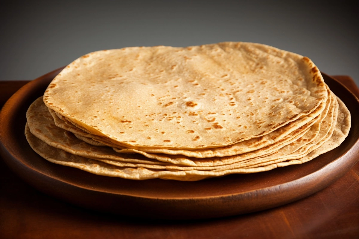 Variety of corn and flour tortillas with fresh ingredients in a lively kitchen setting.