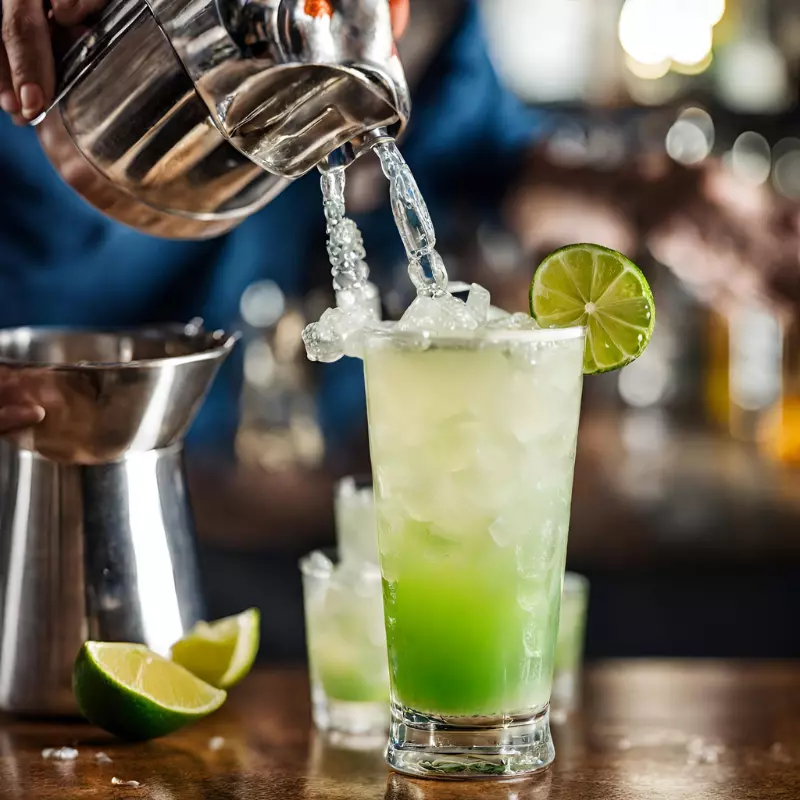 Mixing a margarita with a shaker, ice, and mixer.