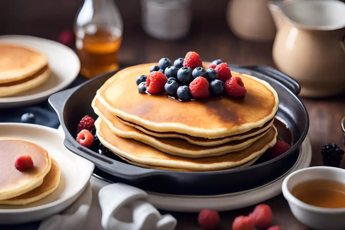 Variety of pancake pans with a stack of fluffy pancakes, berries, and syrup in a cozy kitchen.