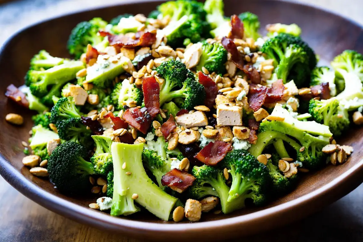 Bowl of Chicken Salad Chick Broccoli Salad with fresh broccoli, cheese, and bacon in a rustic kitchen setting.