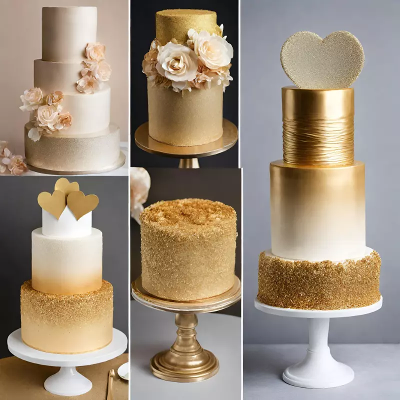 Collage of various gold birthday cake designs.