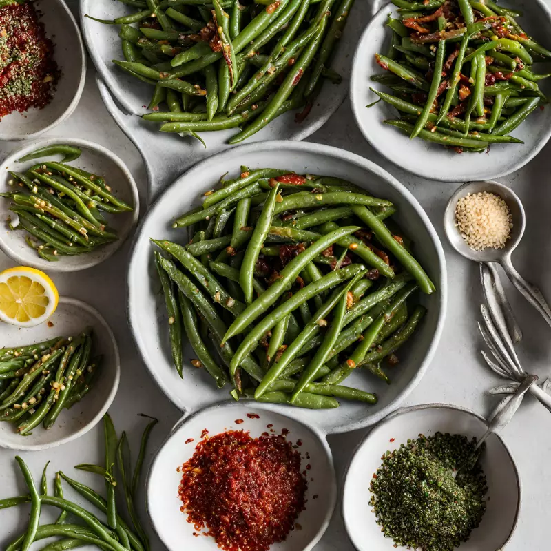 Variety of seasoned roasted green beans.