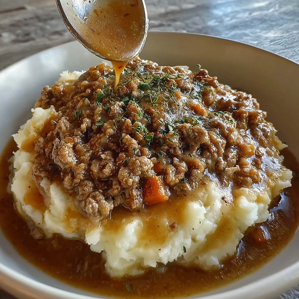 how to make Ground Beef & Gravy Over Mashed Potatoes step by step