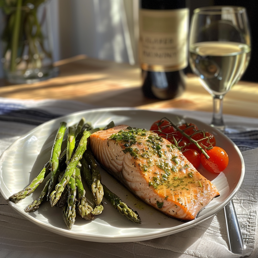 how to make Weeknight Garlic Butter Herb Salmon With Roasted Asparagus & Cherry Tomatoes For Two step by step