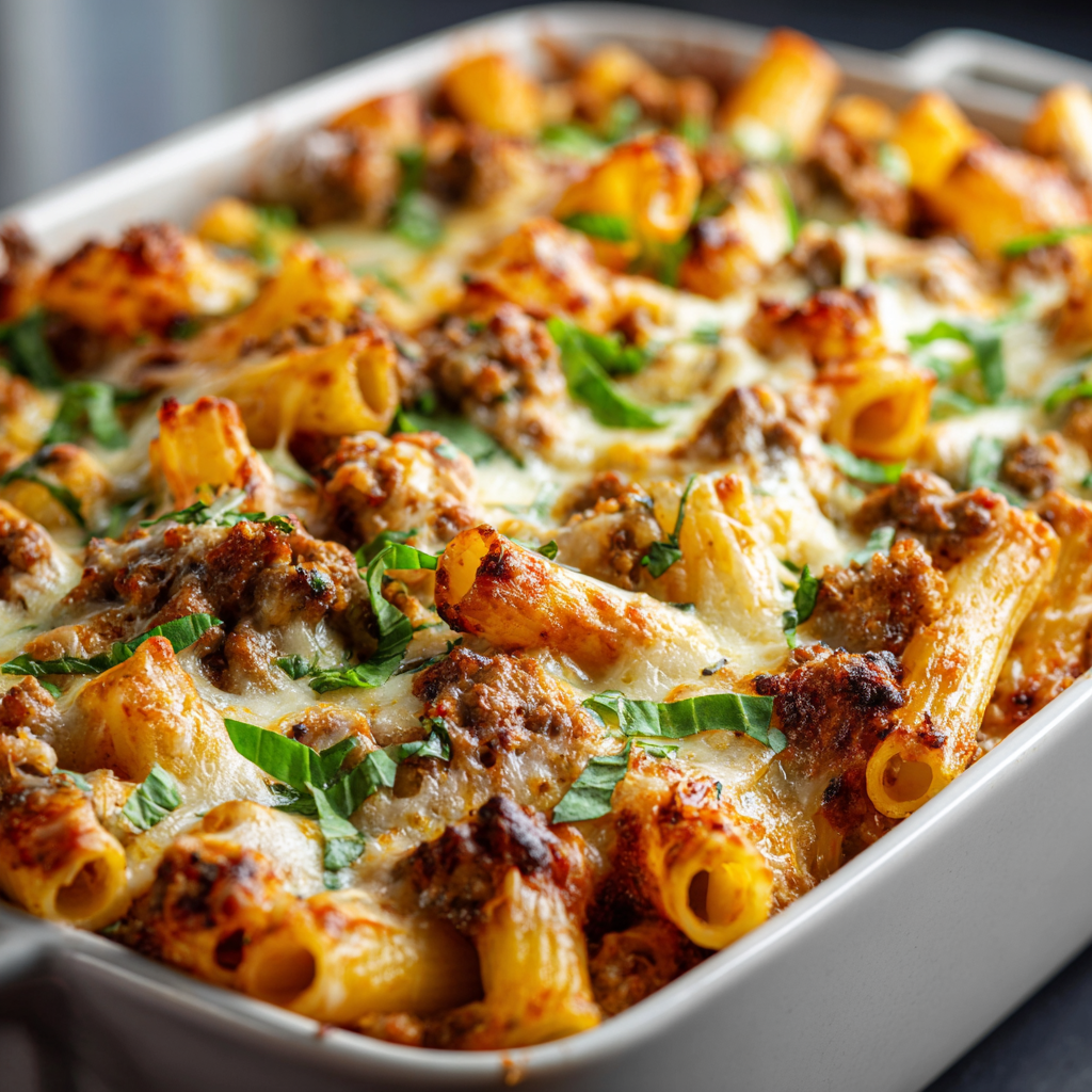 how to make Cheesy Baked Rigatoni With Italian Sausage And A Rich Homemade Marinara step by step