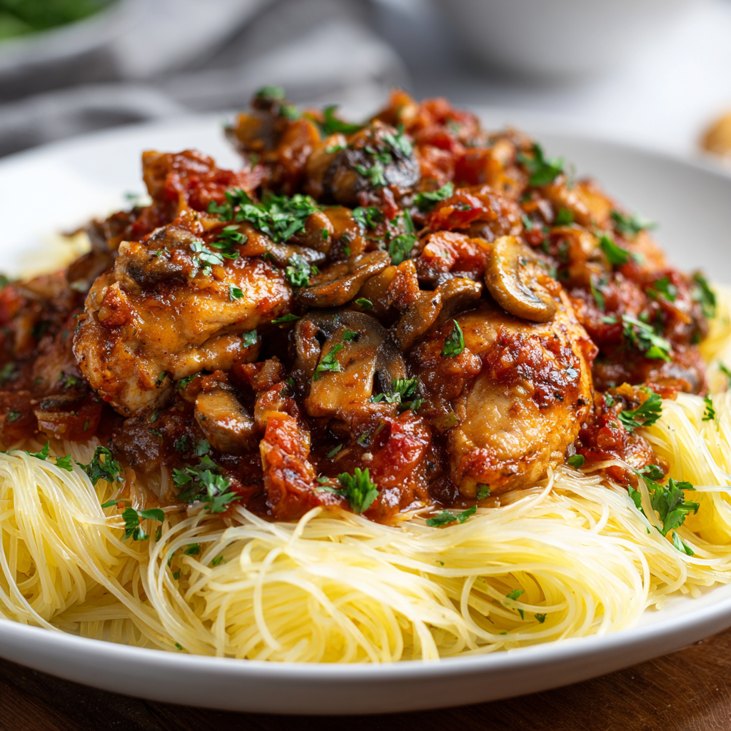 how to make Easy Chicken Cacciatore Served Over A Bed Of Steaming Angel Hair Pasta step by step