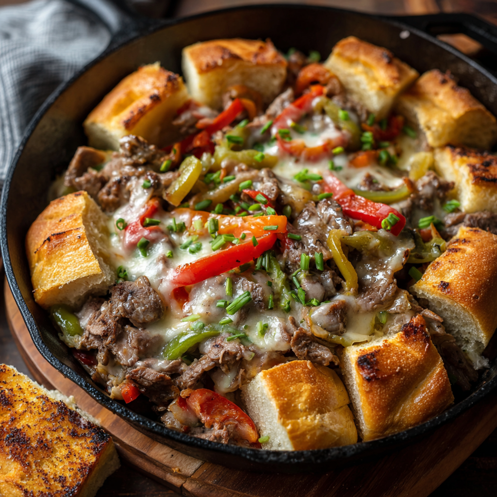 how to make Classic Philly Cheesesteak Skillet Served With Toasted Hoagie Rolls step by step