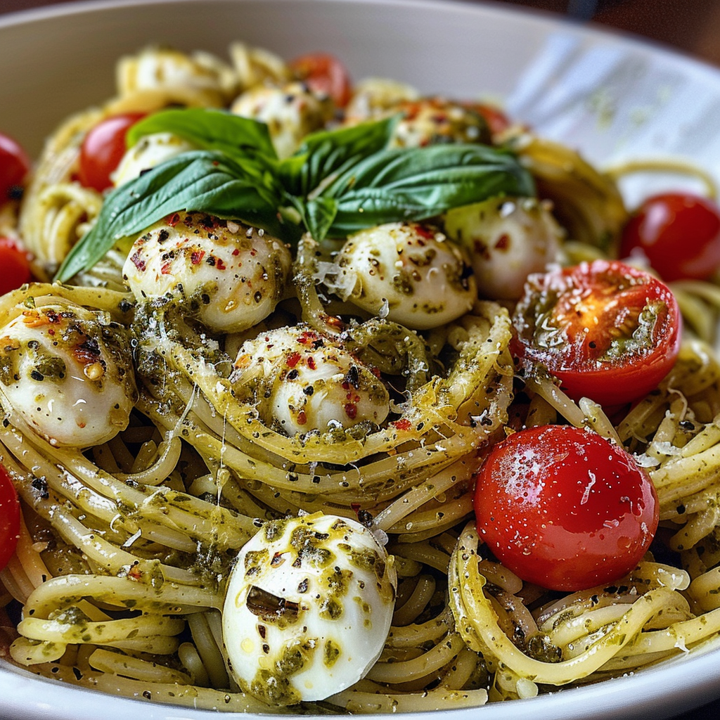 how to make Creamy One-Pot Lemon Pesto Pasta With Blistered Cherry Tomatoes & Fresh Mozzarella For A Quick Vegetarian Dinner step by step