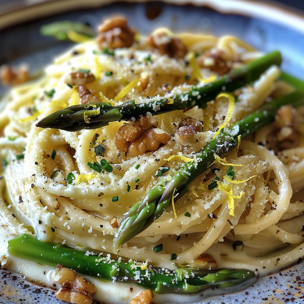 how to make Creamy One-Pot Lemon Ricotta And Asparagus Pasta With Toasted Walnuts For A Light Vegetarian Dinner step by step