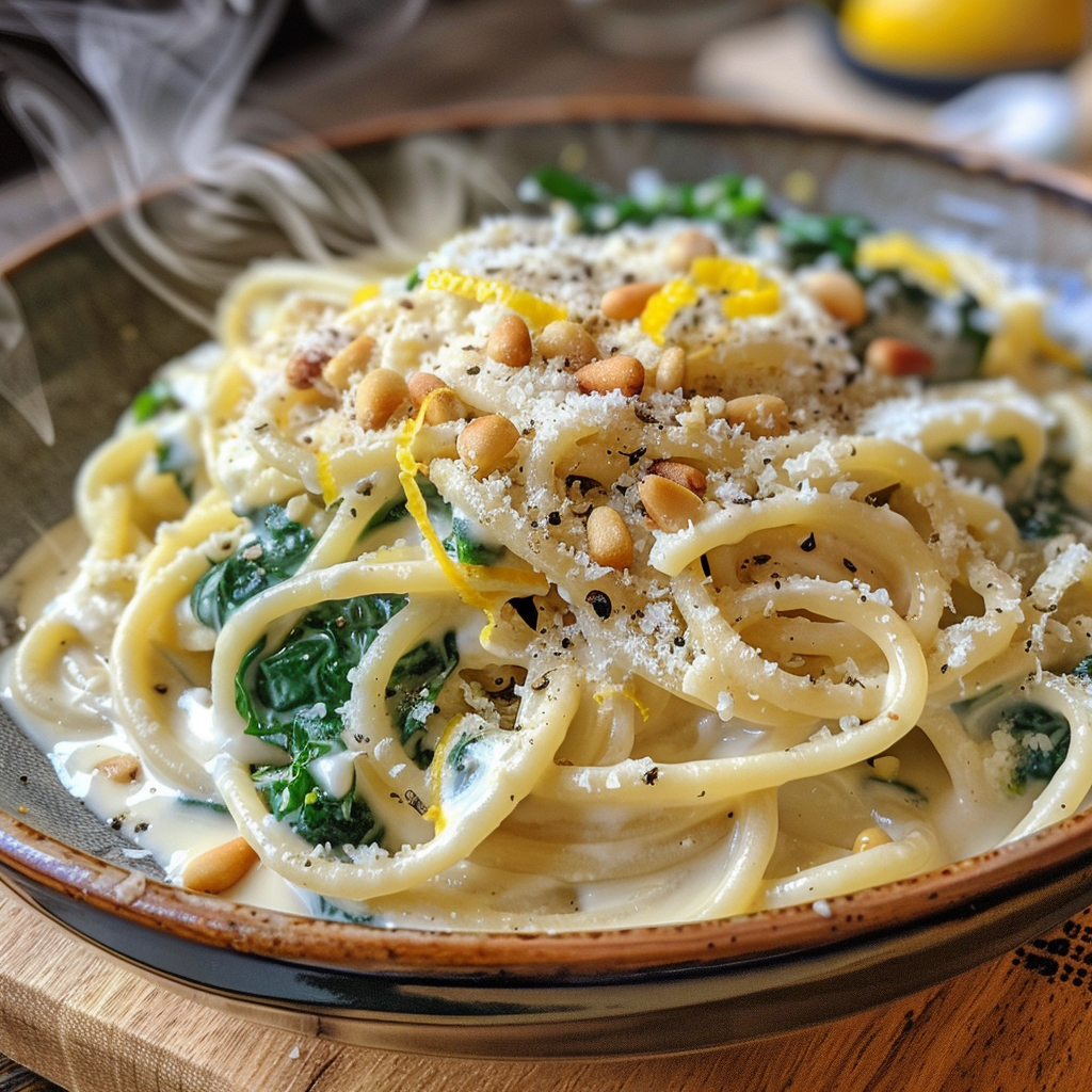 how to make Creamy One-Pot Lemon Ricotta & Spinach Pasta With Toasted Pine Nuts For A Quick Vegetarian Dinner step by step