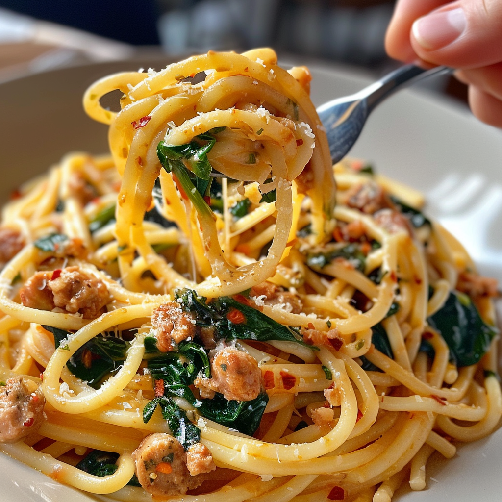 how to make Creamy One-Pot Spicy Calabrian Chili Pasta With Italian Sausage And Wilted Spinach For An Easy Weeknight Meal step by step