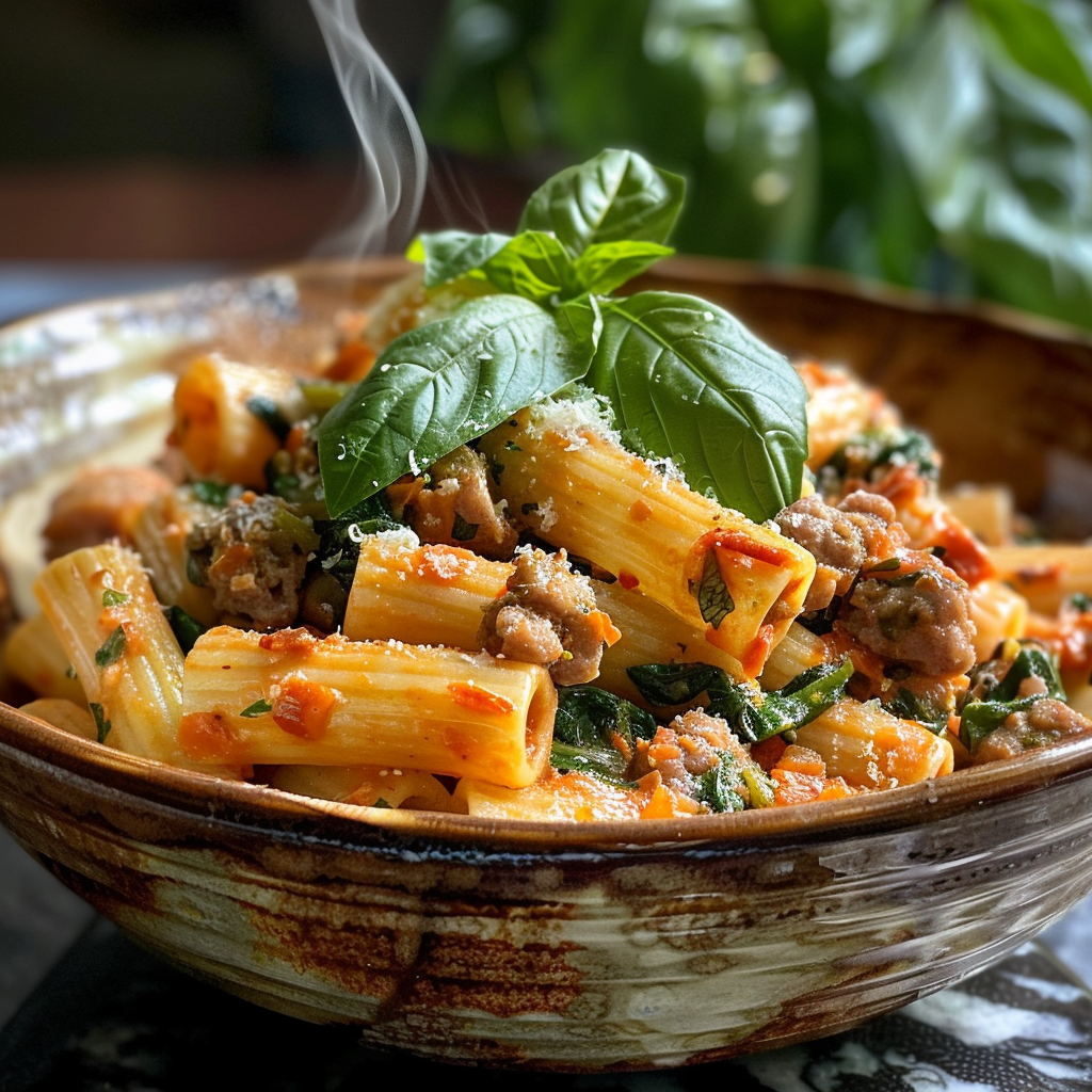 how to make Creamy One-Pot Sundried Tomato & Spinach Pasta With Italian Sausage For An Easy Family Dinner step by step