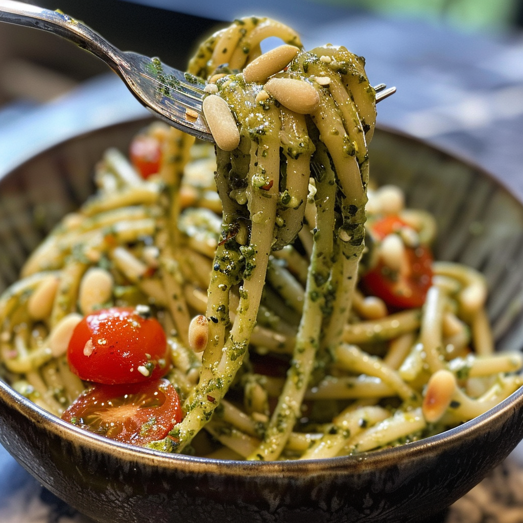 how to make Creamy Pesto Pasta With Blistered Cherry Tomatoes & Toasted Pine Nuts: Easy Vegetarian Dinner step by step
