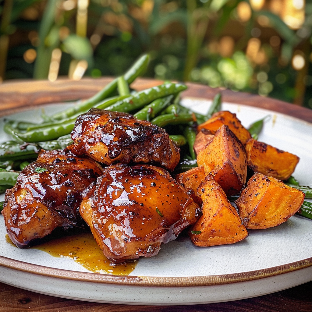 how to make Crispy Air Fryer Honey Garlic Chicken Thighs With Roasted Sweet Potatoes & Green Beans For An Easy Family Dinner step by step