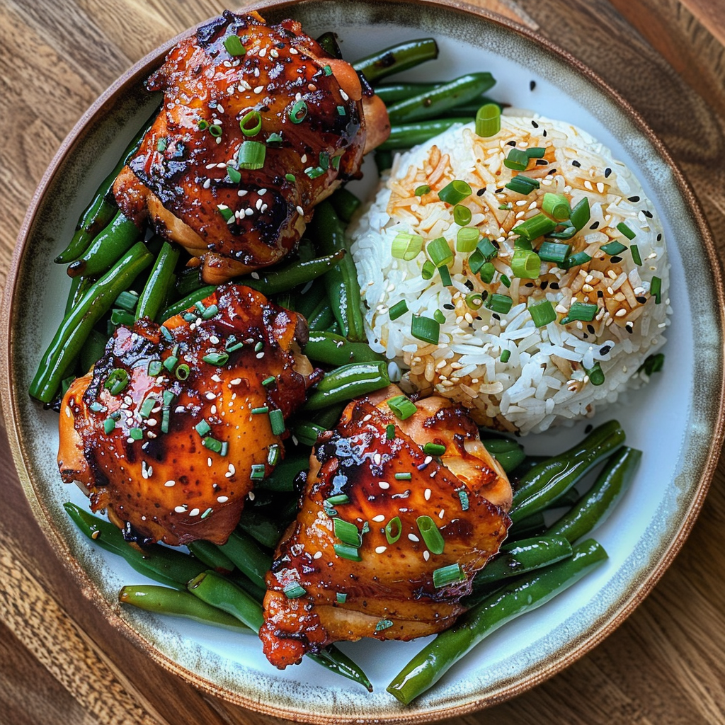 how to make Crispy Air Fryer Honey Sriracha Chicken Thighs With Sesame Green Beans And Coconut Rice For A Flavor-Packed Weeknight Dinner step by step