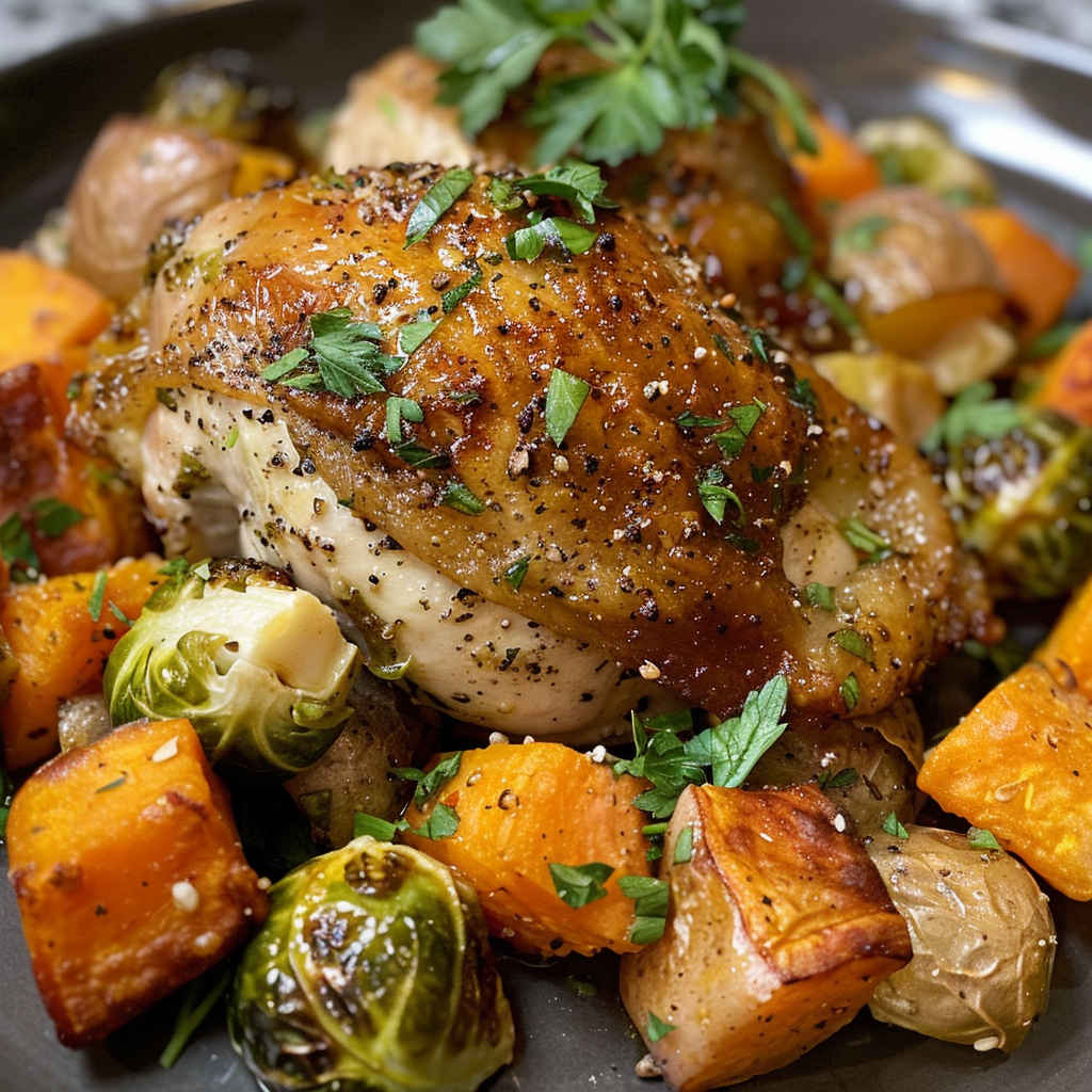 how to make Crispy Air Fryer Lemon Pepper Chicken Thighs With Roasted Brussels Sprouts And Sweet Potatoes For A Healthy Family Dinner step by step
