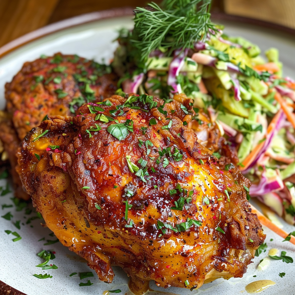 how to make Crispy Air Fryer Nashville Hot Chicken Thighs With Creamy Dill Pickle Slaw For A Spicy Weeknight Dinner step by step