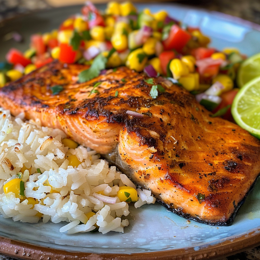 how to make Flaky Baked Cajun Salmon With Roasted Corn Salsa And Cilantro Lime Rice For A Quick Summer Dinner step by step