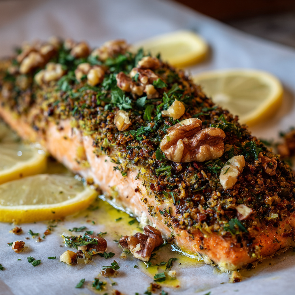 how to make Healthy Baked Salmon With A Walnut Herb Crust And Roasted Asparagus step by step