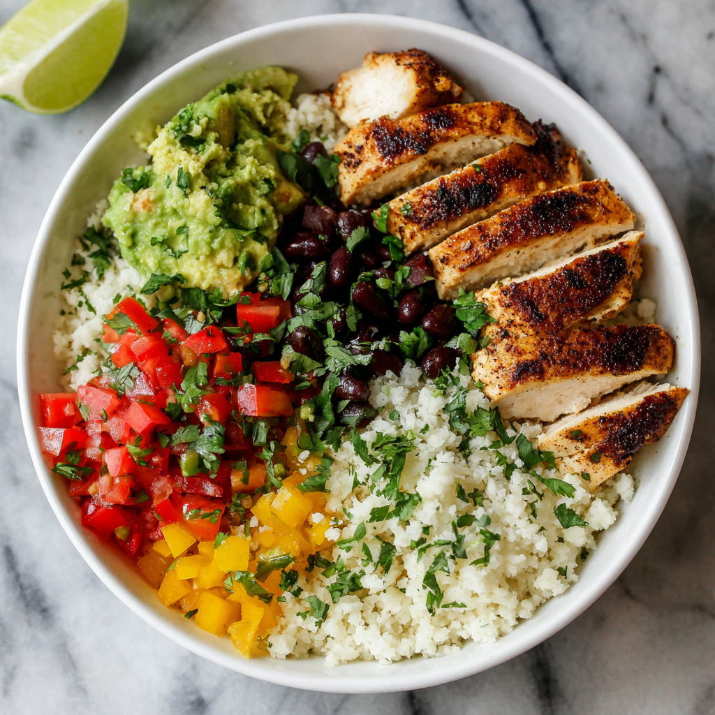 how to make Healthy Chicken Burrito Bowls With Cilantro Lime Cauliflower Rice step by step