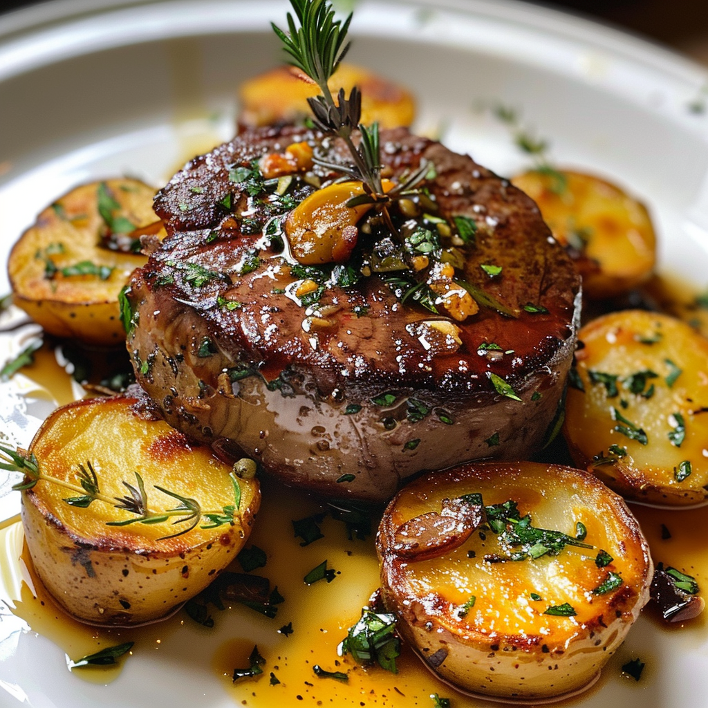 how to make Hearty Steakhouse-Style Garlic Butter Beef Tenderloin Medallions With Crispy Rosemary Potatoes For A Special Occasion Dinner step by step