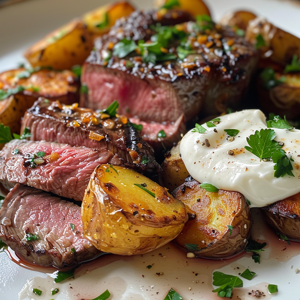 how to make Juicy Garlic Butter Sirloin Steaks With Creamy Horseradish Sauce And Crispy Roasted Potatoes For A Romantic Dinner At Home step by step