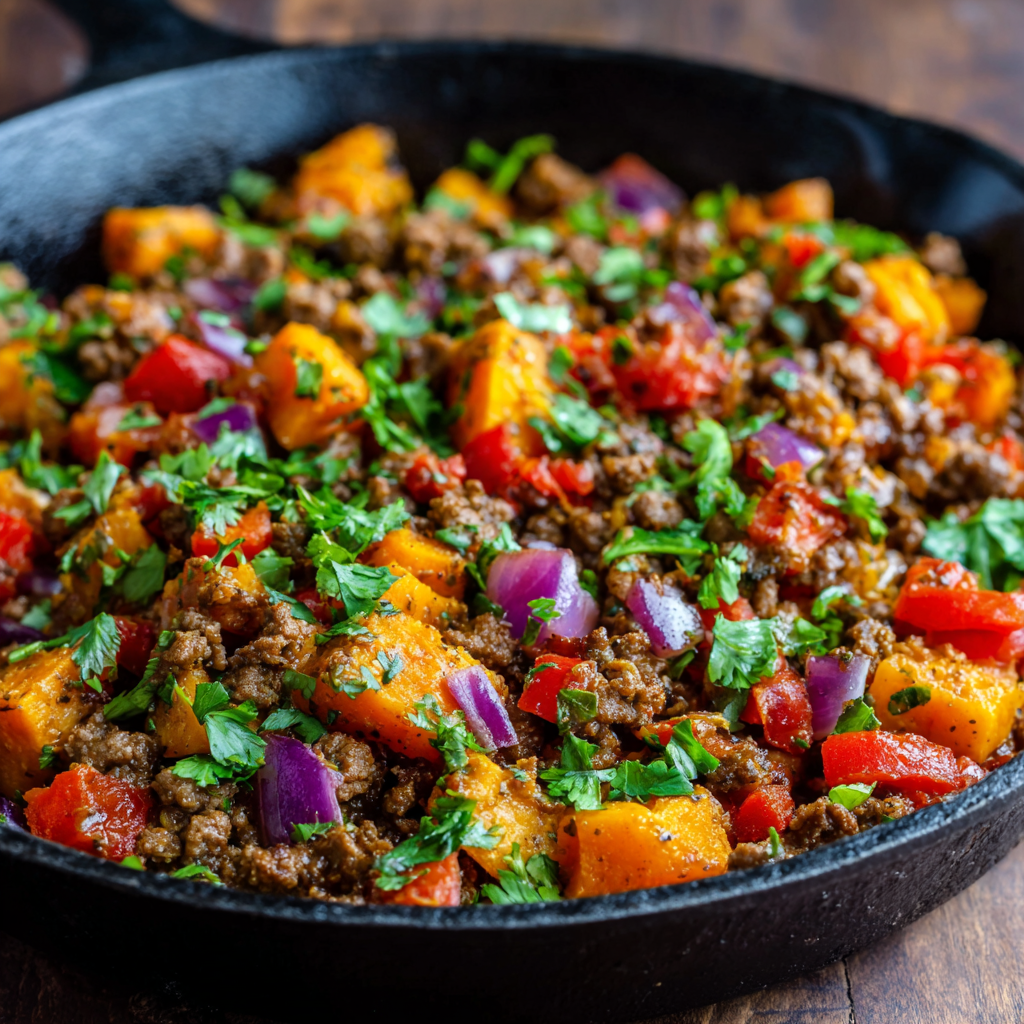 how to make One-Pan Ground Beef And Sweet Potato Skillet That Hits All Your Macros step by step