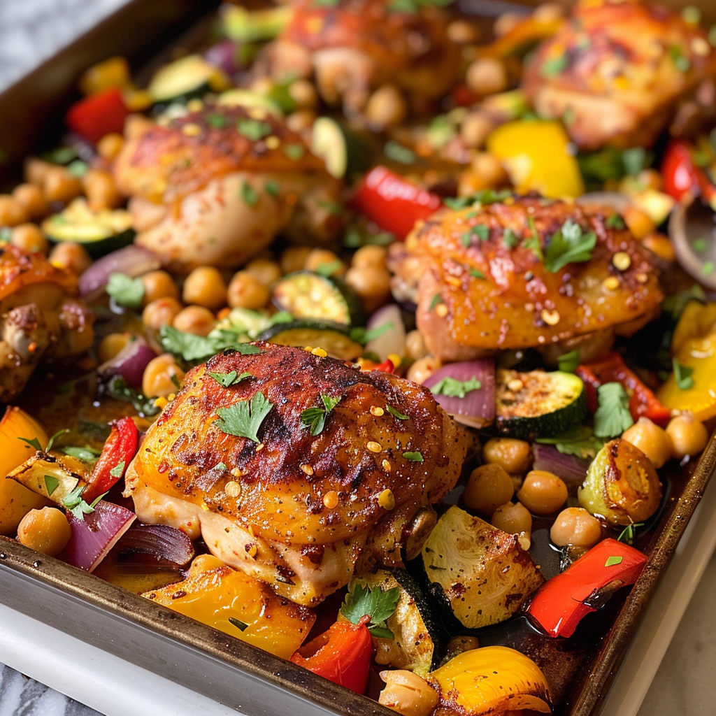 how to make Sheet Pan Harissa Chicken & Chickpeas With Roasted Vegetables For A Flavorful Weeknight Meal step by step