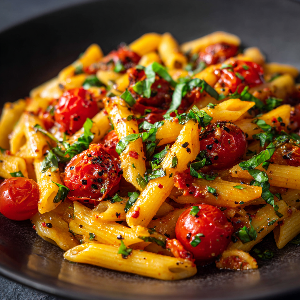 how to make Spicy Arrabiata Penne With Burst Cherry Tomatoes And Fresh Basil Leaves step by step
